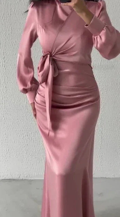 Dresses for Women 2024 Autumn Elegant Fashion Temperament Commuting Long Sleeves Round Neck Skinny Satin Party Evening Dress