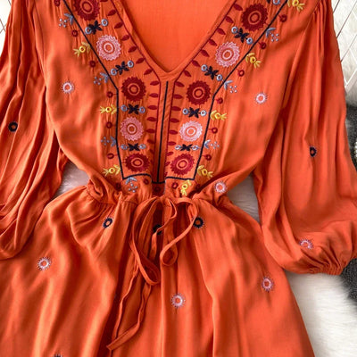 Boho Dress for Women Embroidery Floral Print V-neck Elastic Waist Lace-up Dresses with Belt Summer Vestidos Folds Dropshipping