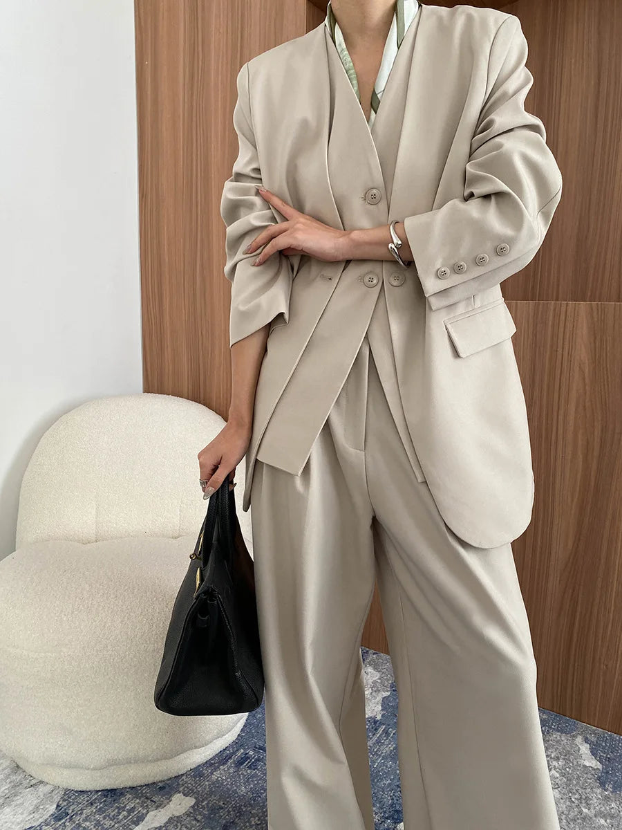 Spring and Autumn Women's Casual Solid Color Loose Jacket+V-neck Vest+Wide Leg Pants Set