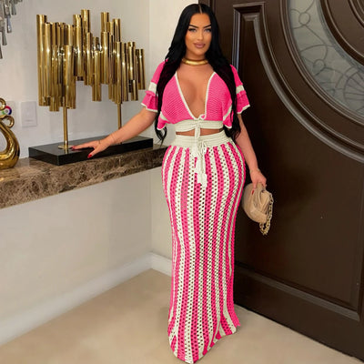 Summer 2 Pieces Women Vacation Outfits Striped Knitted Dress Sets Hollow Out Long Skirts and Short Sleeve V-Neck Crop Tops Set