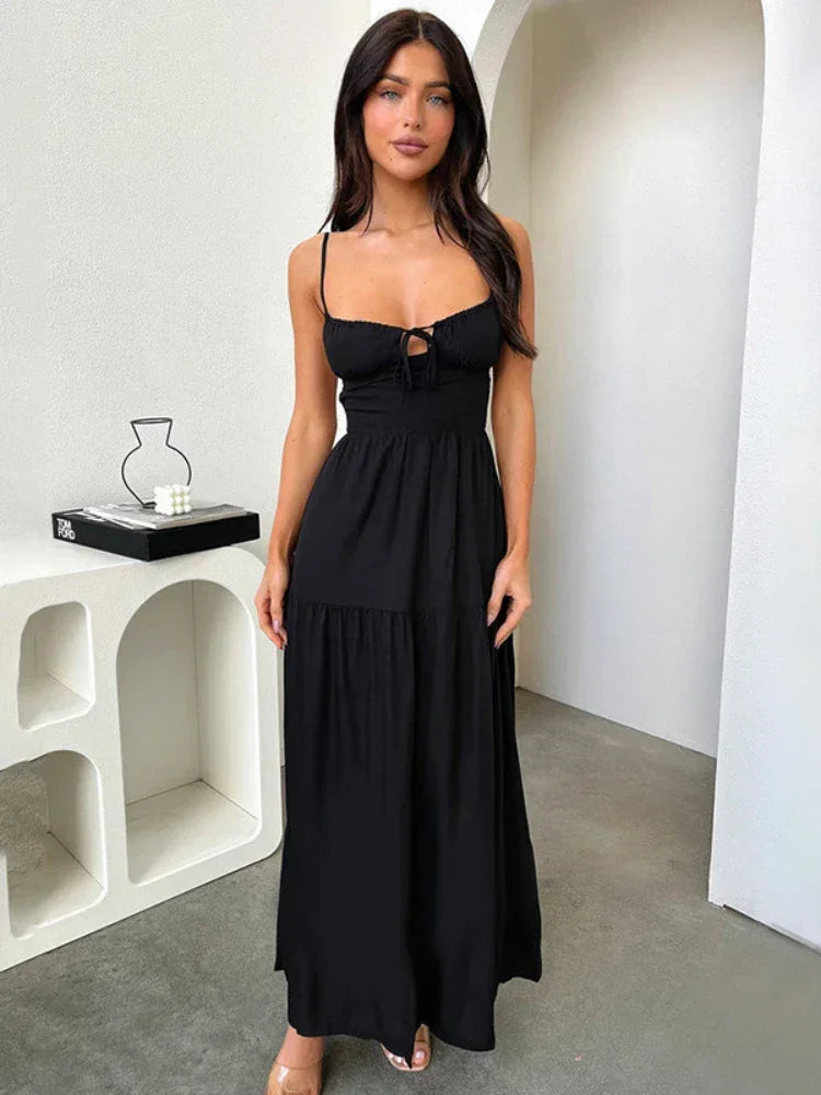 BOOFEENAA Halter Backless Maxi Long Dress Sexy Vacation Outfits White Black Summer Dresses for Women Clothes 2024 C66-CH28