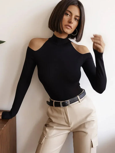 High Collar Shoulder Exposed Long Sleeve Body Shaper, Fashionable Women's Body Shaper Top