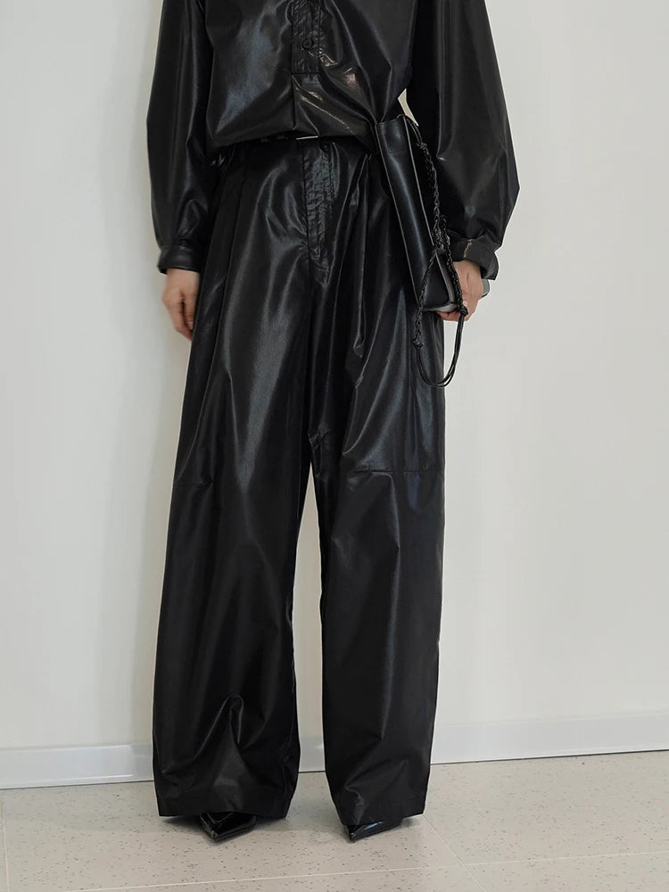 High Waist Black Glossy Casual Long Wide Leg Pants New Loose Fit Trousers Women Fashion Tide Spring Autumn 2025