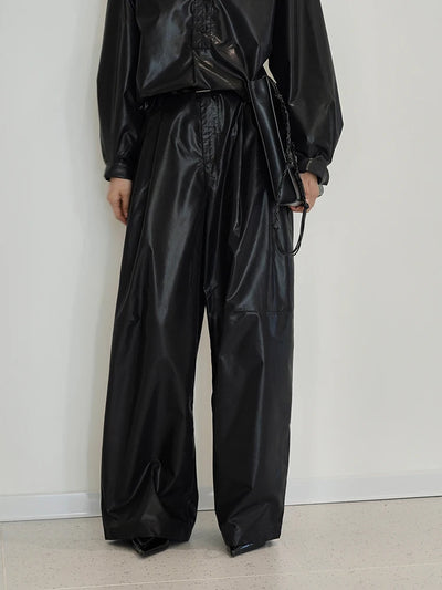 High Waist Black Glossy Casual Long Wide Leg Pants New Loose Fit Trousers Women Fashion Tide Spring Autumn 2025