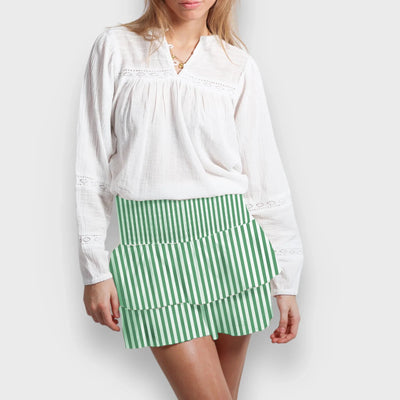 hirigin Women Ruffle Mini Skirt Smocked High Waist Floral Print Short Skirts Tiered Boho Mini Skirts Pleated Layered Skirts