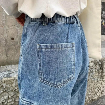 Women Jeans Jogger Pant Elastic Waist Solid Denims Trousers with Flap Pocekts