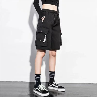 Cargo Shorts Women Harajuku Black Oversized Wide Leg Shorts Summer Streetwear Fashion High Waist Baggy Short Pants Girls