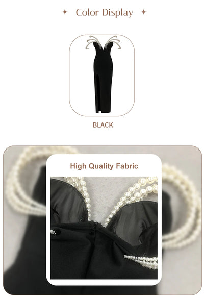 Women's Elegant Black Off-Shoulder Evening Dresses with Pearl Embellishment and High Slit for Formal Events & Weddings Vestidos