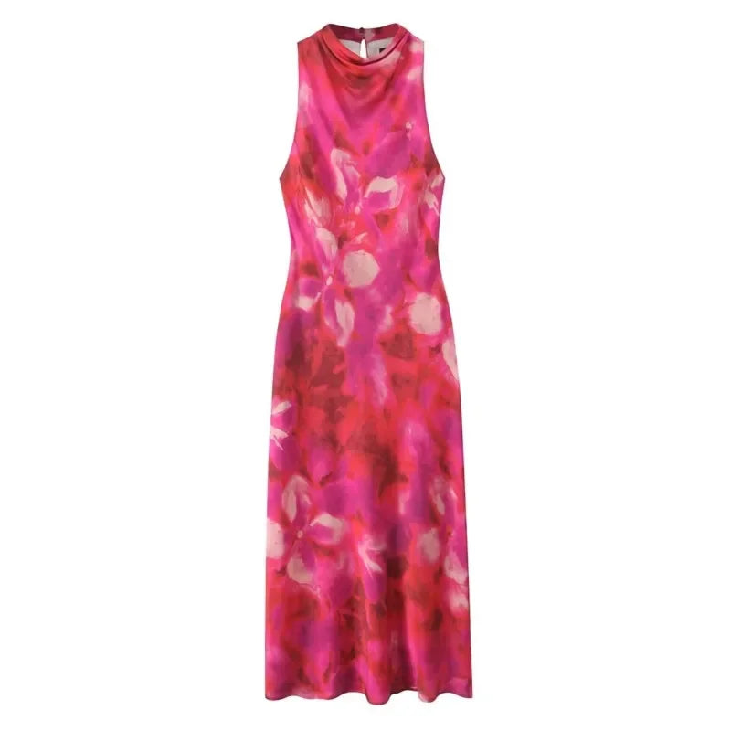 Women Printed Satin Midi Dress Spring Caual Women Back Button Sleeveless Dress Elegant Silk texture Female Chic Dress