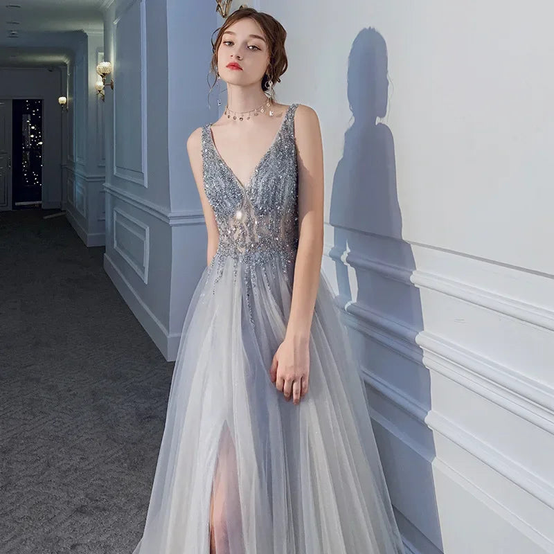 Women's Evening Dresses Sexy V-neck Luxury Formal Party Gown Backless Beads Sequins Tulle Side Split Banquet Evening Dress