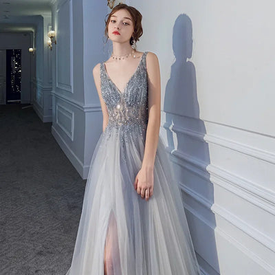 Women's Evening Dresses Sexy V-neck Luxury Formal Party Gown Backless Beads Sequins Tulle Side Split Banquet Evening Dress