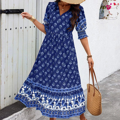dresses for women Fashion summer Casual long dresses Bohemian V-Neck Printed High Waisted Big Swing Dress vestidos cortos