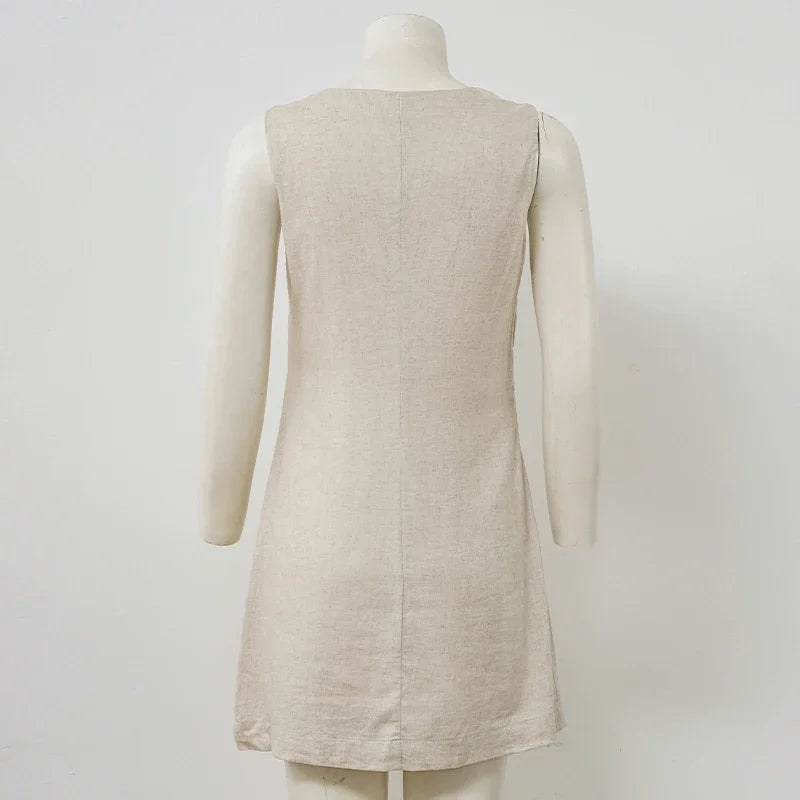 Women's Casual Linen Sleeveless Dress V-Neck Chic Elegant Cotton-Linen Blend Summer Fashion Sexy Chic New Arrival Vestidos