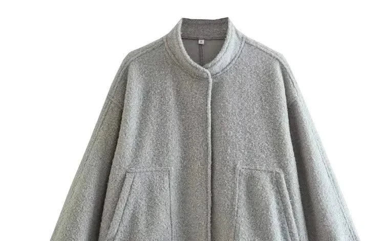 Woman's Oversized Bomber Jacket Autumn New Round Neck Long Sleeve Pocket Hidden Button Loose Jackets Coat Female Outerwear
