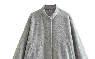 Woman's Oversized Bomber Jacket Autumn New Round Neck Long Sleeve Pocket Hidden Button Loose Jackets Coat Female Outerwear