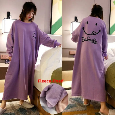 Female Loungewear Smiley Face Autumn Winter German Fleece Thickened Warm Long Nightgown Women Wearable Outdoors Lady Pajamas