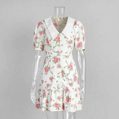 Floral Ruffles Women Dress French V Neck Puff Sleeve Summer Slim Sweet Mini Dress Fresh Chic High Waist A Line Elegant New Dress