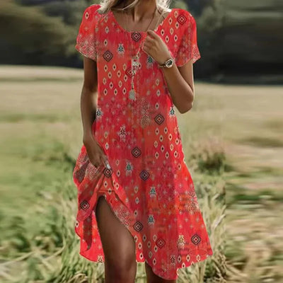 Summer Bohemian Dresses For Women V Neck Short Sleeve Flower Printed Beach Holiday Dress Women Maxi Dresses Boho