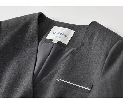SENTUBILA Two Piece Skirt Sets Women Outfits 2025 Spring Office Ladies V Neck Grey Blazer Jackets Straight Slit Skirt 143Z56241