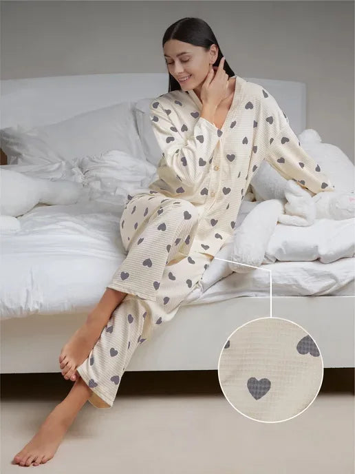 Love Pattern Waffle Pajamas Women Loungewear Set Cardigan Homewear Lady Long Sleeve Top Pant Nightwear 2025 Autumn Spring New