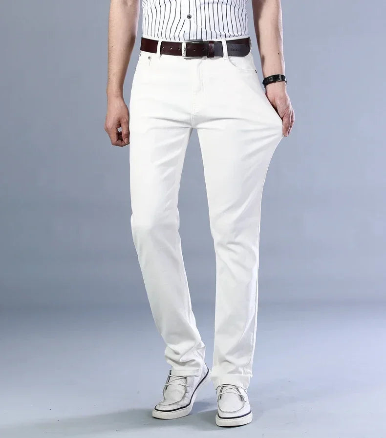 Men's Jeans Pure White Fashion Elastic Slim Youth Slimming Straight Leg Male Pants Business Casual Middle Age High End Trousers