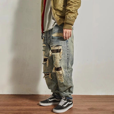 Mens Jeans Ripped Casual Pants Autumn Fashion Retro Streetwear Youth Campus Trend Wide Leg Straight Pants Men'S Clothing 2024
