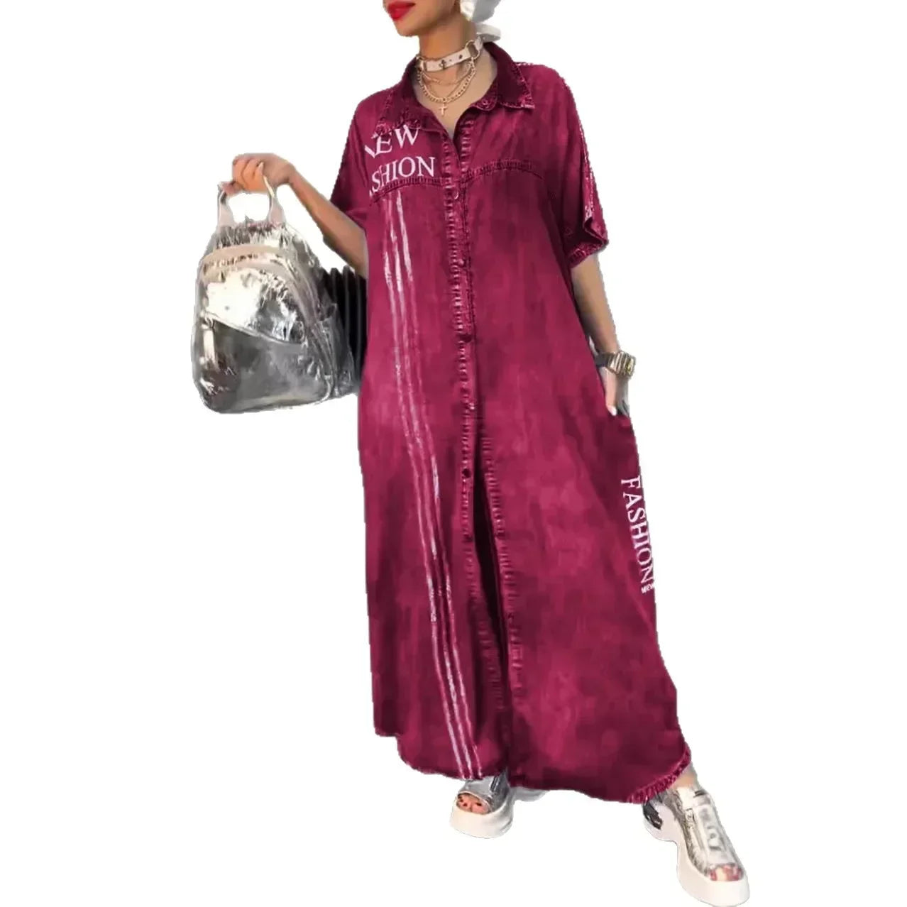 Denim Dress Women Long Dresses Letter Print Vestidos Single Breasted Turn Down Collar Distressed Maxi Gown Summer A Line 2025