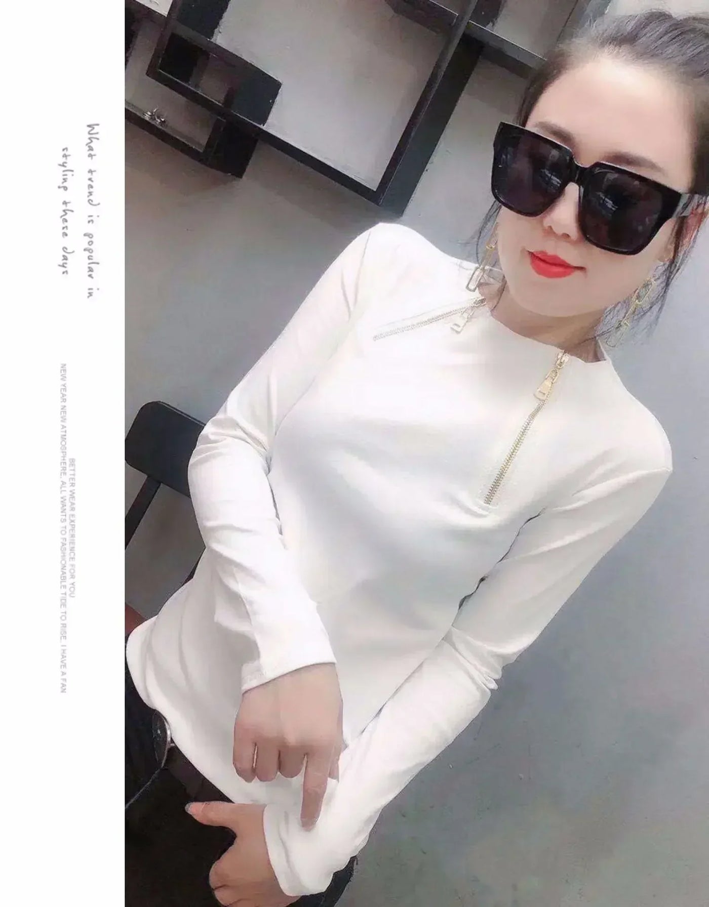 Zipper Deco Women T-shirts Femme Strechy Cotton T-shirts Lady Zipper Pullovers Tp[s