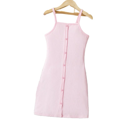 Women's pink knitted dress: slim ribbed fabric, elegant front button design, suitable for spring and summer