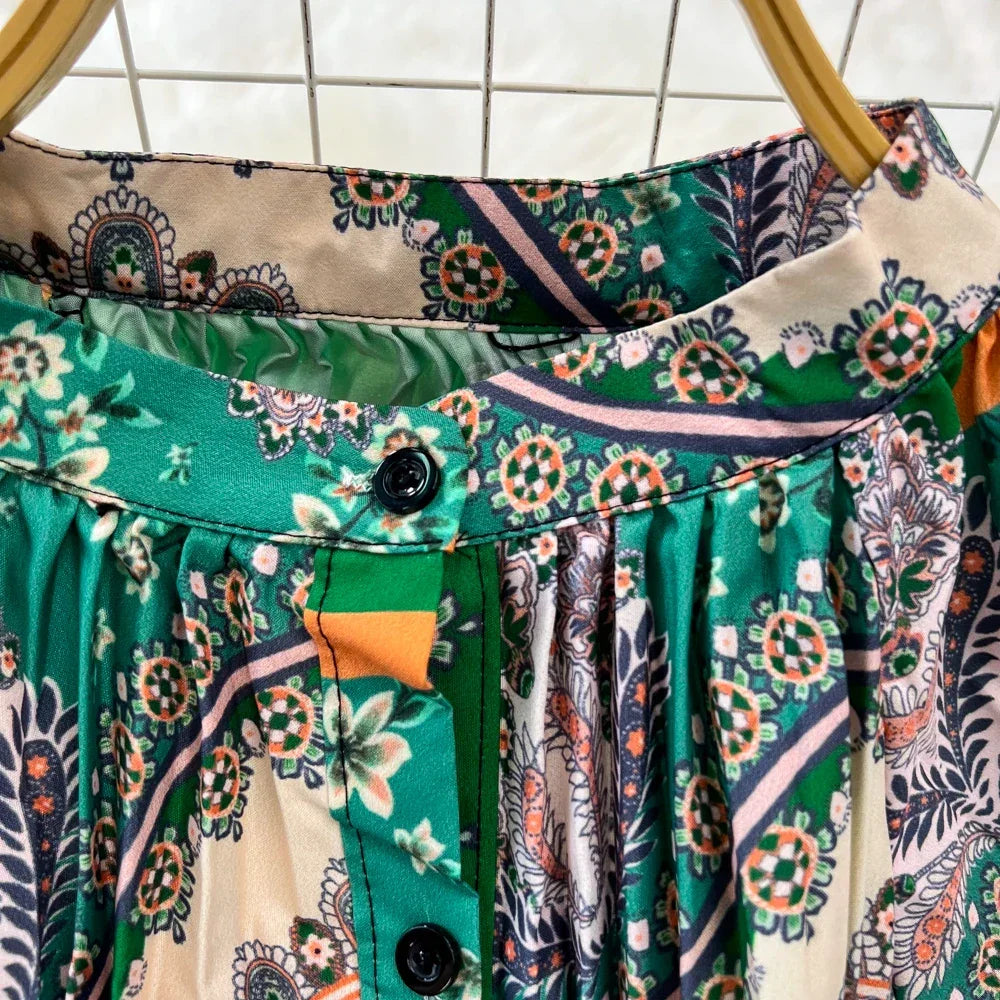Retro Elegant Sashes O Neck Single Breasted Print Dresses Long Lantern Sleeves A-line Casual High Waist Women Autumn Clothing
