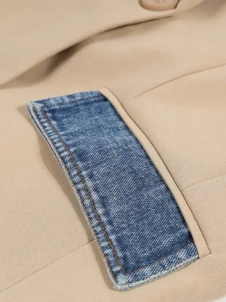 DEAT Women's Blazer Notched Collar Patchwork Denim Long Sleeve Khaki Long Sleeve Suit Coat  2024 Summer New Fashion  29L1530