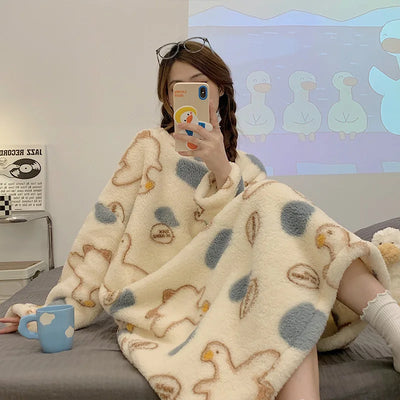 Autumn Winter Wearable Outdoors Loungewear Women Flannel Long Sleeve Cartoon Pullover Nightgown Lady Style Female Sleepwear