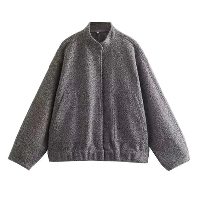 Woman's Oversized Bomber Jacket Autumn New Round Neck Long Sleeve Pocket Hidden Button Loose Jackets Coat Female Outerwear