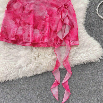 Women's Summer Sexy 2 Pieces Set New Chic Printed Spaghetti Strap Sleeveless Crop Top and Elastic Waist Ruffles Mini Skirt Suits
