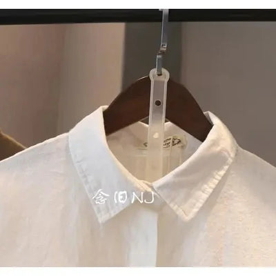 Cotton Linen Women Medium-Length White Polo Shirt Women Large Size Women Clothing Spring Autumn Design Niche Long-Sleeved Shirt