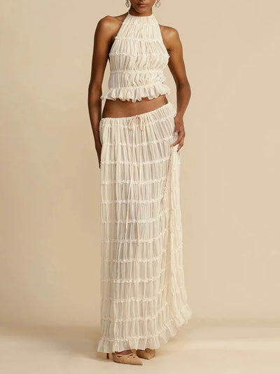 2025 Women Summer Loungewear Suits, Halter Short Top Maxi Skirts 2PCS Matching Sets, White Color Fashion Backless Ladies Outfit