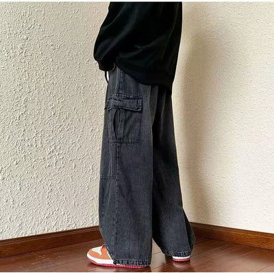 Denim Trousers For Men Adjustable Drawstring Y2k Versatile Baggy Cargo Jeans Men's Hippie Jogging Wide leg Pants Male Streetwear