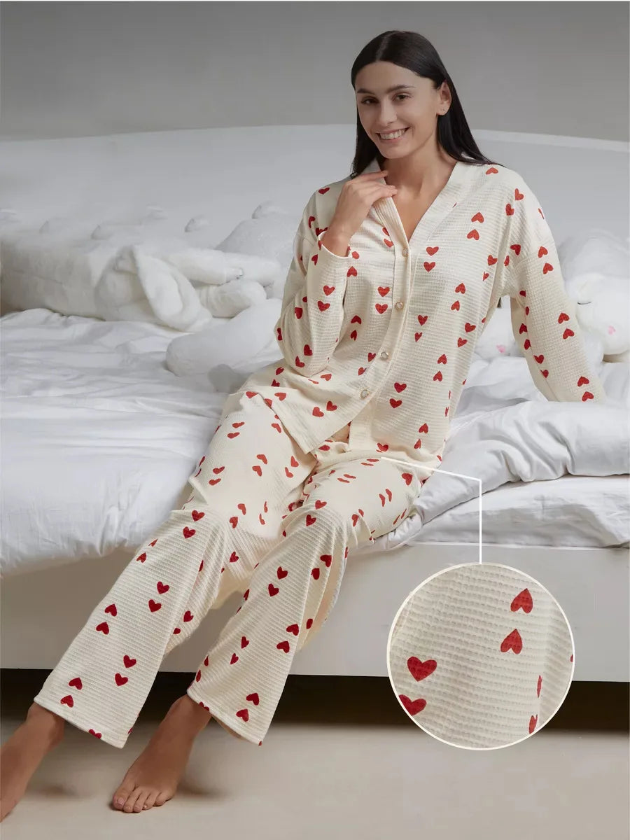 Love Pattern Waffle Pajamas Women Loungewear Set Cardigan Homewear Lady Long Sleeve Top Pant Nightwear 2025 Autumn Spring New
