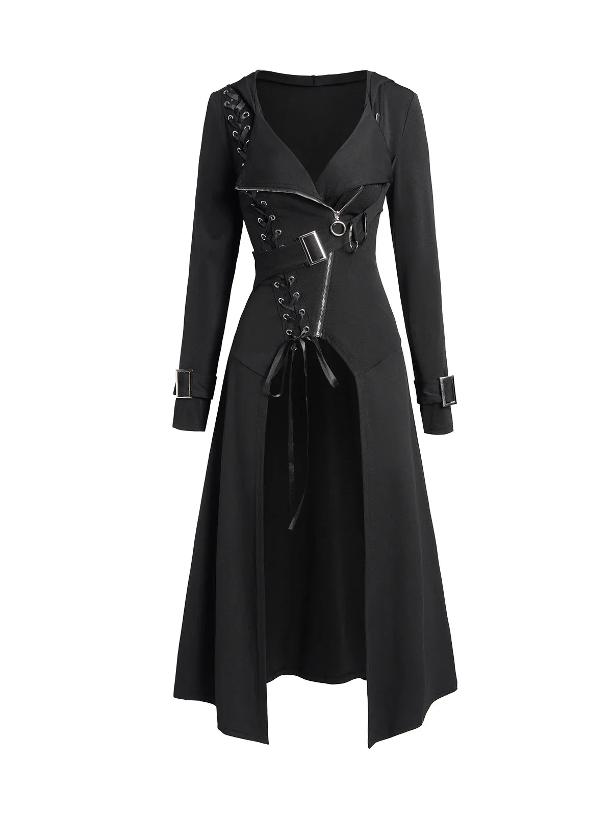 Dressfo 2024 New Women's Coats Punk Gothic Hooded Coat Plain Color Lace Up Zip Coat Black Tops Trench Coat Gabardina