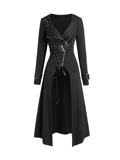 Dressfo 2024 New Women's Coats Punk Gothic Hooded Coat Plain Color Lace Up Zip Coat Black Tops Trench Coat Gabardina