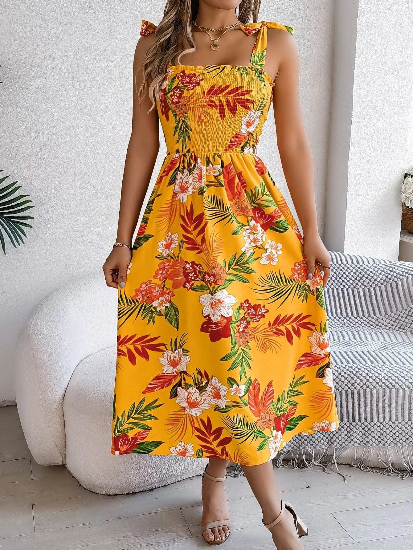 Spring Summer Floral Print Long Dress Lace up Sleeveless Vacation Dresses for Women
