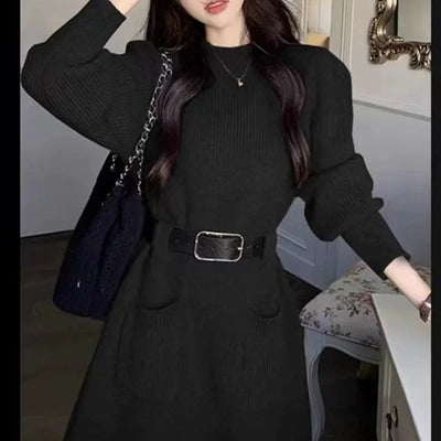 Korean Fashion with Belt Short Dress Women Vintage Long Sleeve Knitted Dresses Female 2025 New Loose Pocket Solid Basic Dresses