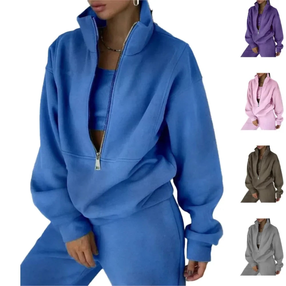 Autumn Winter Women Tracksuits Two Piece Outfits Fleece Lined Zipper Sweatshirt High Waist Pants Sets Female Sport Suits 2024