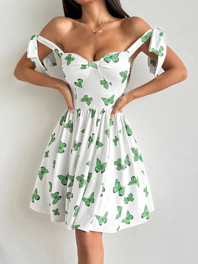 Summer New Women Dresses Streetwear Fashion Butterfly Print V-Neck Dress Sexy Female Backless Knitted Dress Casual Slim Clothing