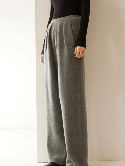 ADDONEE Women 100% Cashmere Pants Pleated Waist Wide Leg Pants Casual Simple Style Autumn Winter Cashmere Knit Trousers Luxury