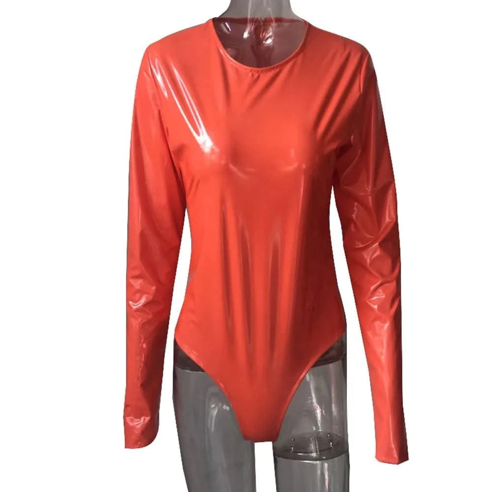 Wet Look PVC Catsuit Shiny PU Leather Long Sleeve Bodysuit Swimsuit Tights Body Teddies Sexy Clubwear Leotard Unitard Shirt Tops