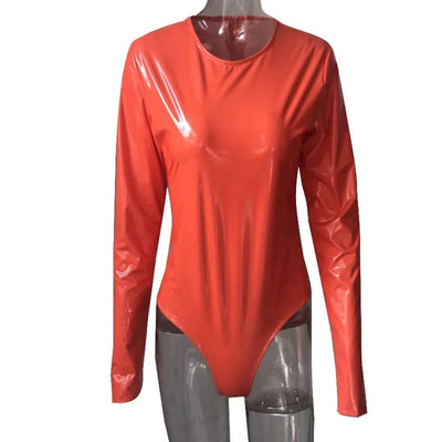 Wet Look PVC Catsuit Shiny PU Leather Long Sleeve Bodysuit Swimsuit Tights Body Teddies Sexy Clubwear Leotard Unitard Shirt Tops
