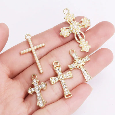 Mixed 10Pcs Pearl Zircon Cross Charms Crucifix Pendant Jewelry Making Supplies Diy Luxury Necklaces Earrings Accessories Gift