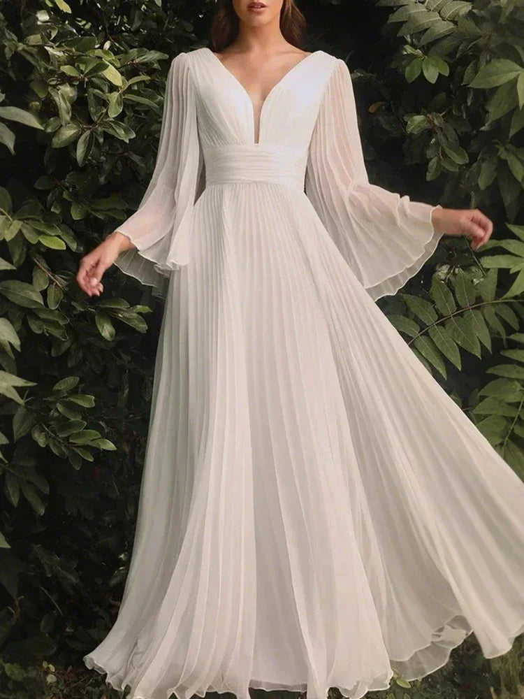 Women's Muslim Islamic  Dresses Fashion Elegant Folds Flare Sleeve Plunge Neck Maxi A-Line Evening Dresses