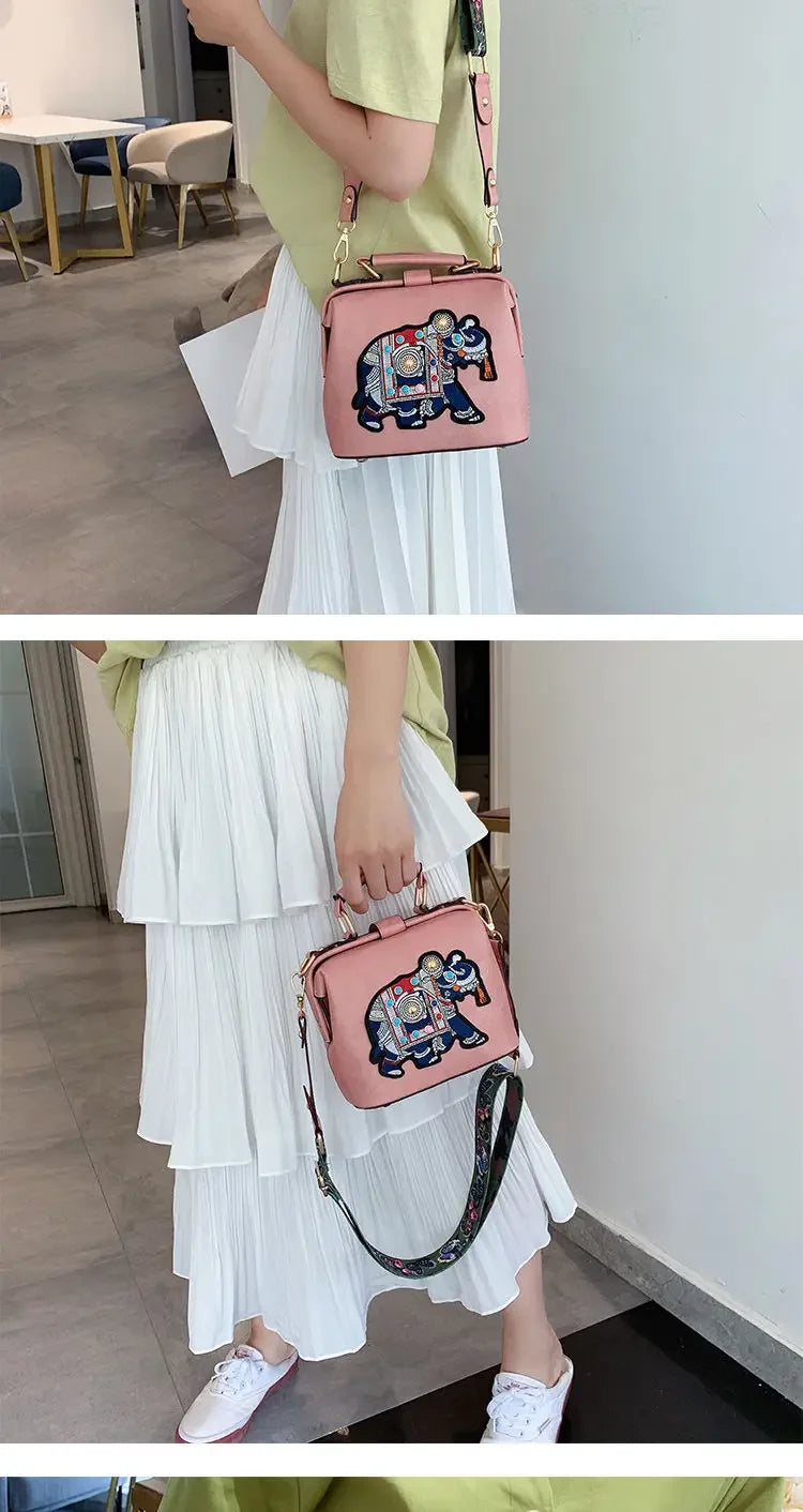 Fashion Women Leather Handbag Messenger Bag Purses Satchels Designer Luxury Handbags Crossbody Bags Elephant Embroidered Bags